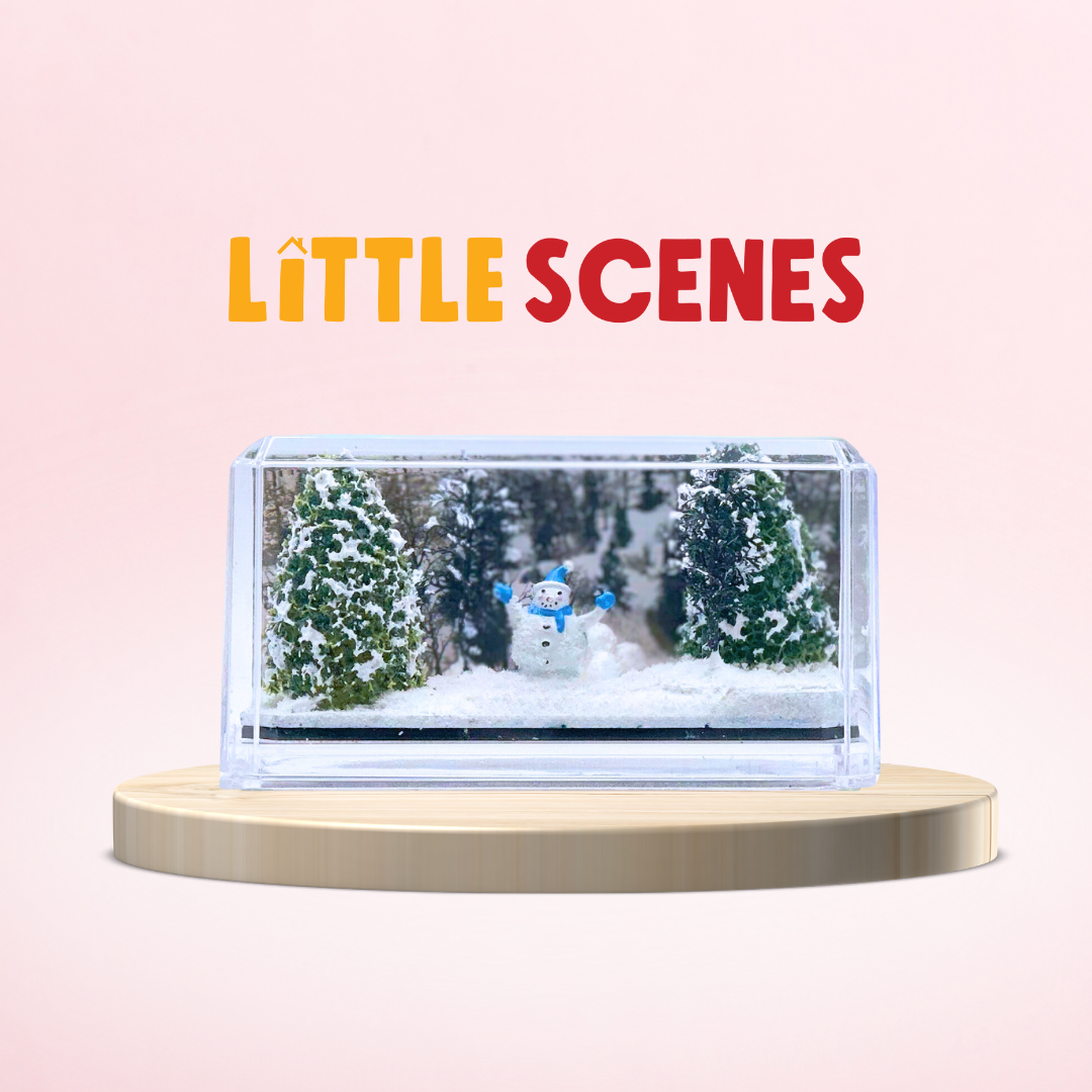 A miniature scene of a winter backdrop and snowman.