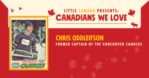 A hockey player with a red background and decorative elements framing the title "Canadians We Love"