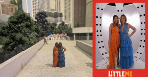 Split image, left half showing miniature figures in an orange dress and a blue dress, the right half showing the photo reference of the two women